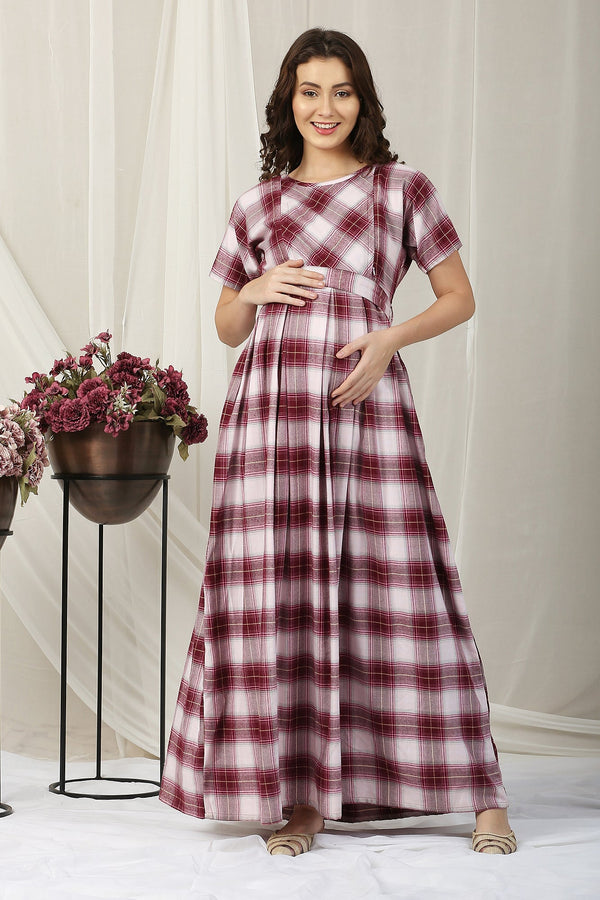 Classic Tartan Checks Berry Red Maternity & Nursing Dress MOMZJOY.COM