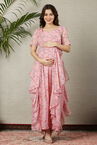 Soothing Peach Blossom Maternity & Nursing Flow Dress momzjoy.com