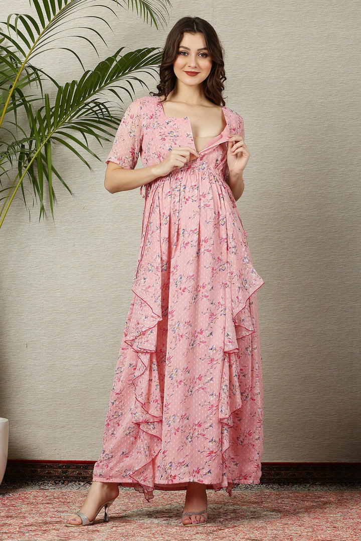 Soothing Peach Blossom Maternity & Nursing Flow Dress momzjoy.com