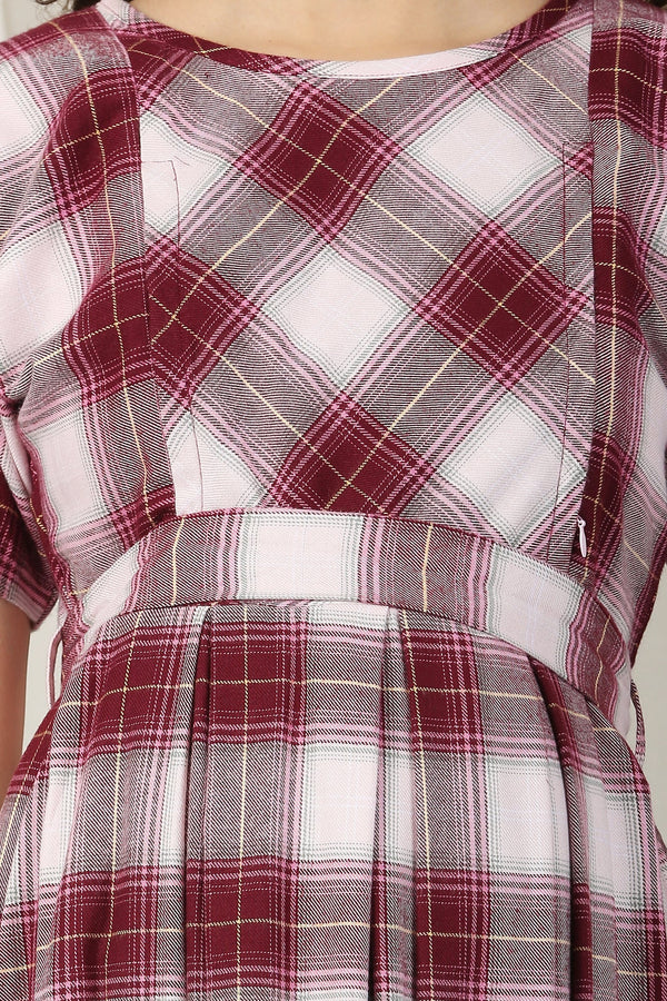 Classic Tartan Checks Berry Red Maternity & Nursing Dress MOMZJOY.COM
