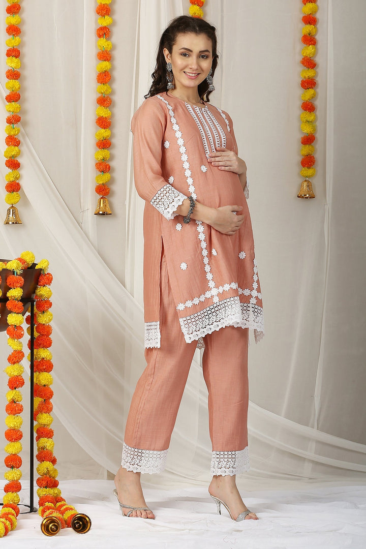 Luxe Fawn Chanderi Maternity & Nursing Kurta + Bump Band Bottom + Dupatta (3 Pc) momzjoy.com