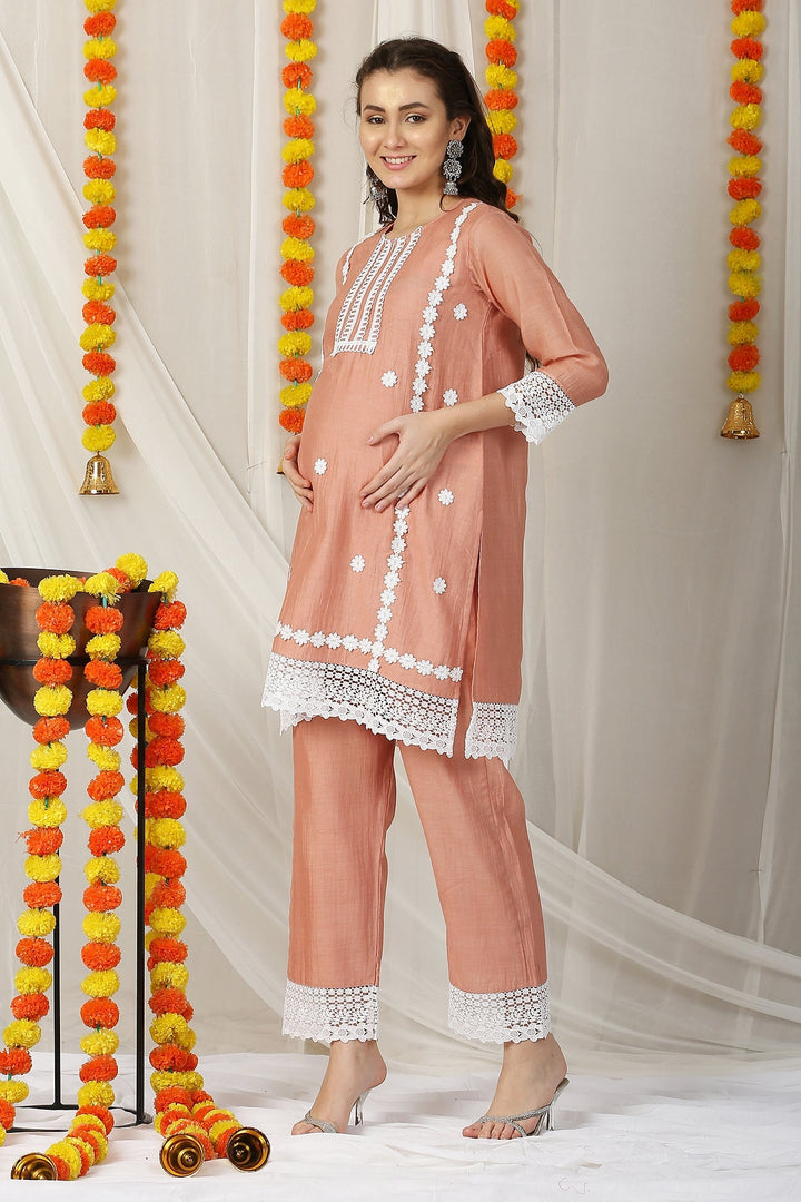 Luxe Fawn Chanderi Maternity & Nursing Kurta + Bump Band Bottom + Dupatta (3 Pc) momzjoy.com