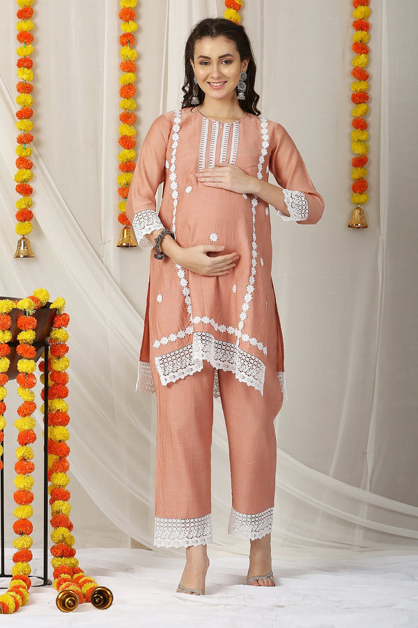 Luxe Fawn Chanderi Maternity & Nursing Kurta + Bump Band Bottom + Dupatta (3 Pc) momzjoy.com
