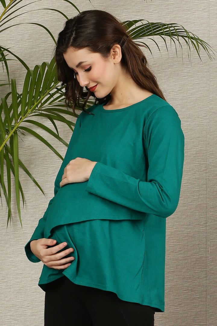 Bottle Green Maternity & Nursing Flap Dress momzjoy.com