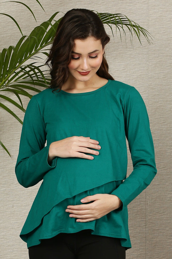 Bottle Green Maternity & Nursing Flap Dress momzjoy.com