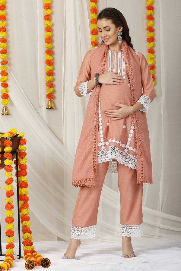 Luxe Fawn Chanderi Maternity & Nursing Kurta + Bump Band Bottom + Dupatta (3 Pc) momzjoy.com