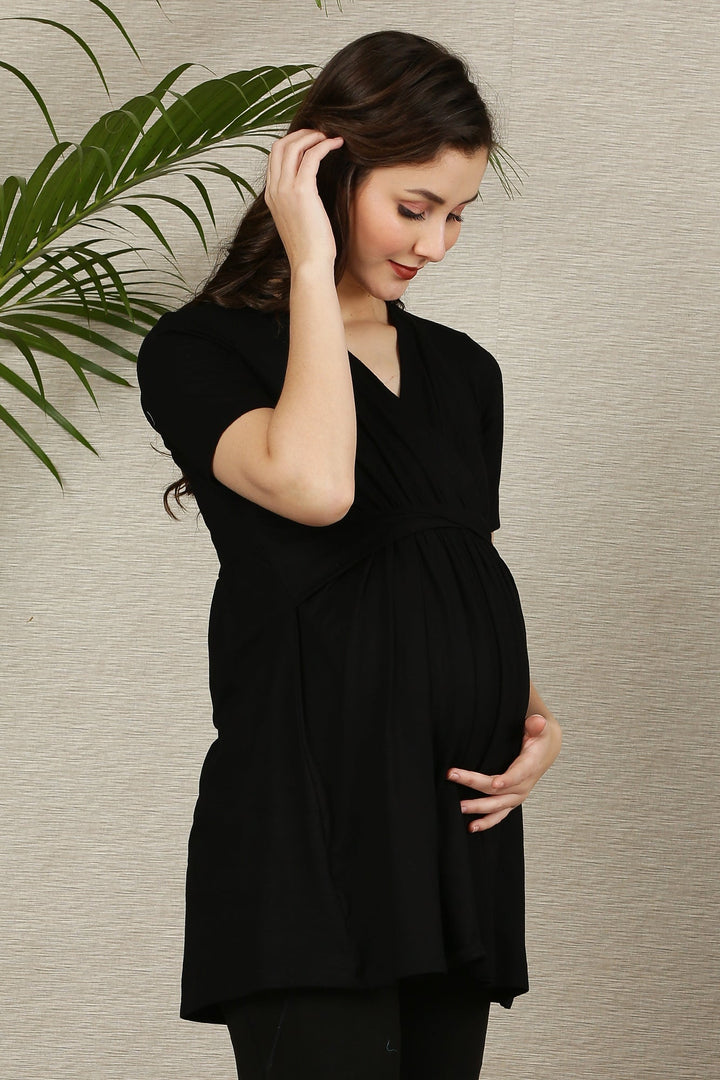 Black Gathered Maternity & Nursing Wrap Top momzjoy.com