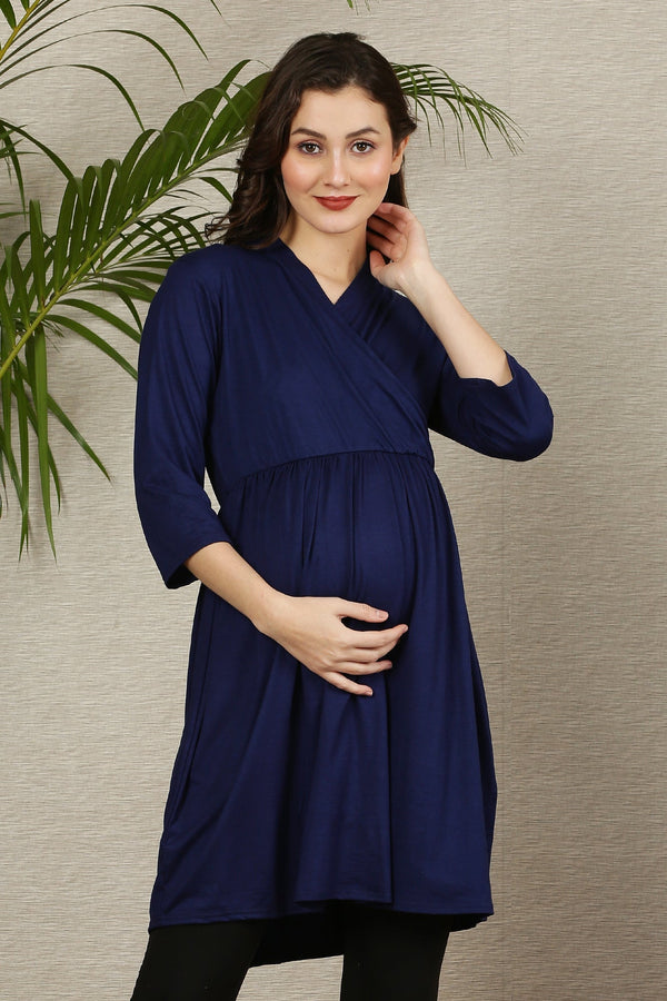 Maternity & Nursing Gathered Tops - Black & Blue Twin Pack MOMZJOY.COM