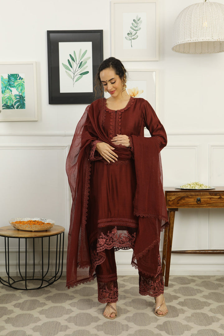 Luxe Classy Chanderi Coco Maternity & Nursing Kurta + Bump Band Bottom + Dupatta (3 Pc) momzjoy.com