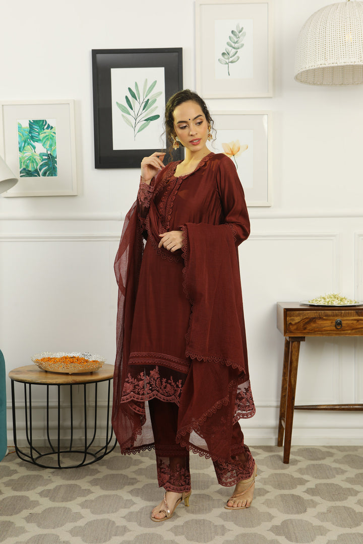 Luxe Classy Chanderi Coco Maternity & Nursing Kurta + Bump Band Bottom + Dupatta (3 Pc) momzjoy.com