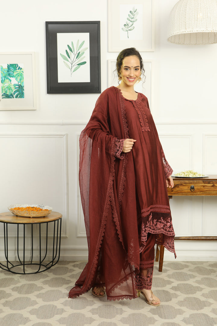 Luxe Classy Chanderi Coco Maternity & Nursing Kurta + Bump Band Bottom + Dupatta (3 Pc) momzjoy.com