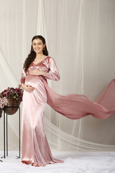 Luxe Sage Pink Trail Maternity Photoshoot Gown momzjoy.com