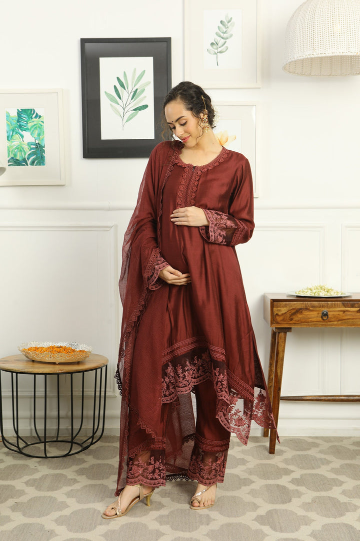 Luxe Classy Chanderi Coco Maternity & Nursing Kurta + Bump Band Bottom + Dupatta (3 Pc) momzjoy.com