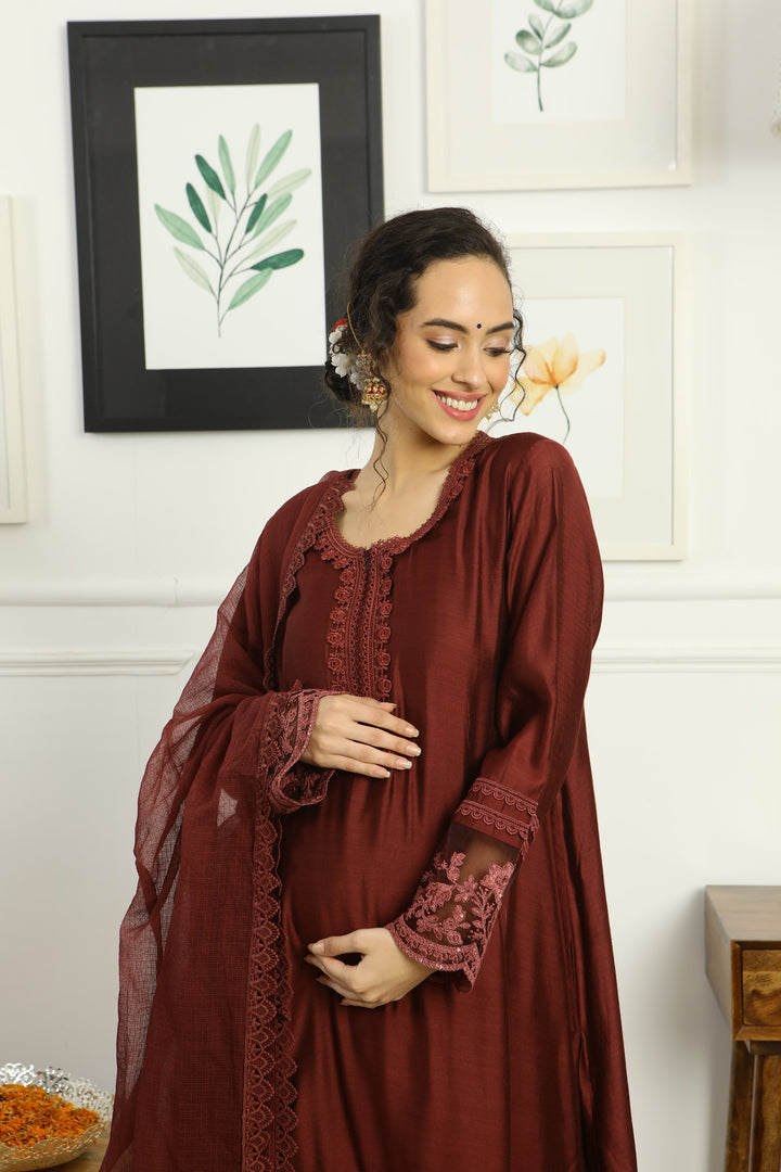 Luxe Classy Chanderi Coco Maternity & Nursing Kurta + Bump Band Bottom + Dupatta (3 Pc) momzjoy.com