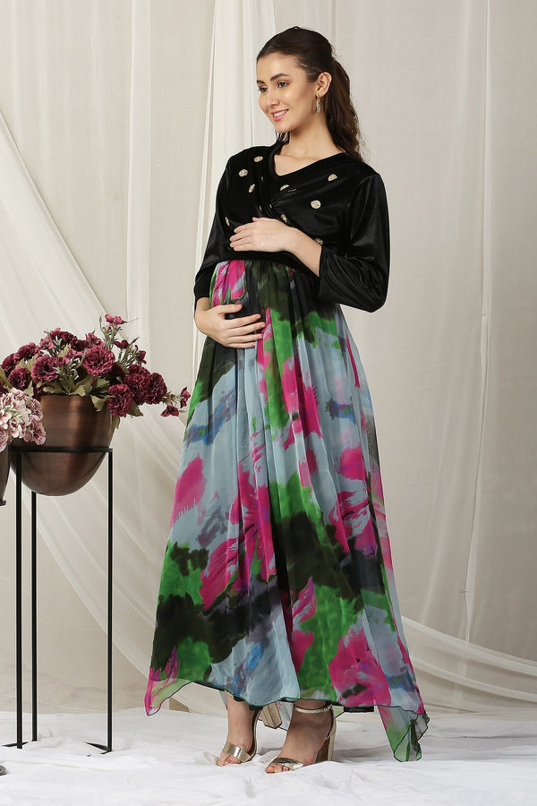 Luxe Colorful Black Velvet Maternity & Nursing Embroidered Wrap Dress MOMZJOY.COM