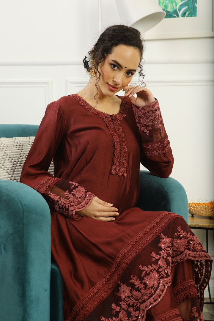 Luxe Classy Chanderi Coco Maternity & Nursing Kurta + Bump Band Bottom + Dupatta (3 Pc) momzjoy.com