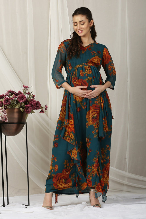Cheerful Teal Green Floral Printed Maternity Flow Dress momzjoy.com