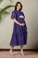 Cheery Polka Navy Blue Maternity & Nursing Frill Dress momzjoy.com