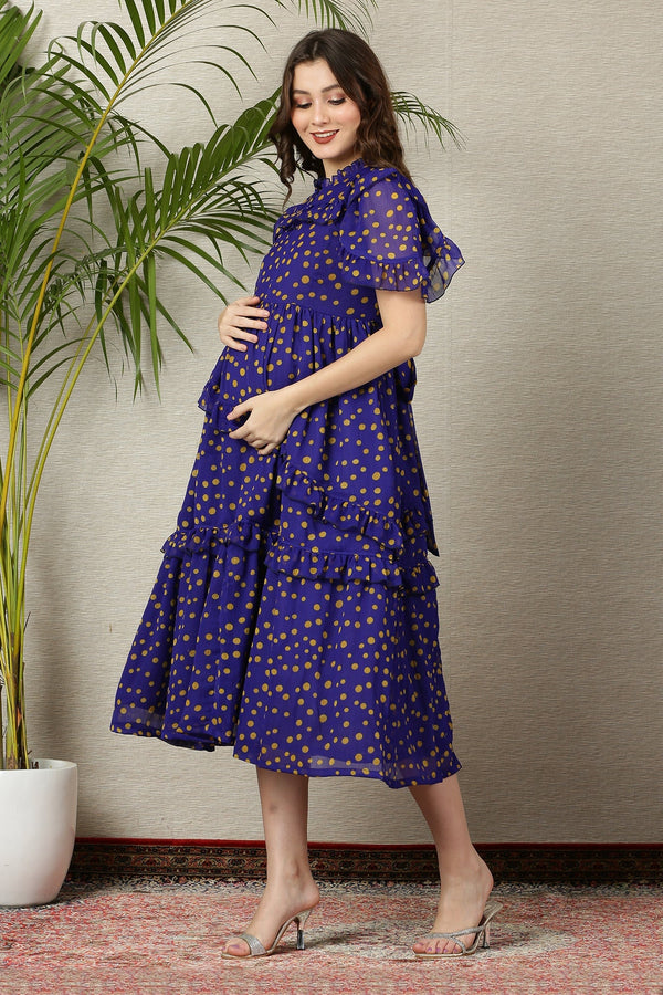 Cheery Polka Navy Blue Maternity & Nursing Frill Dress momzjoy.com