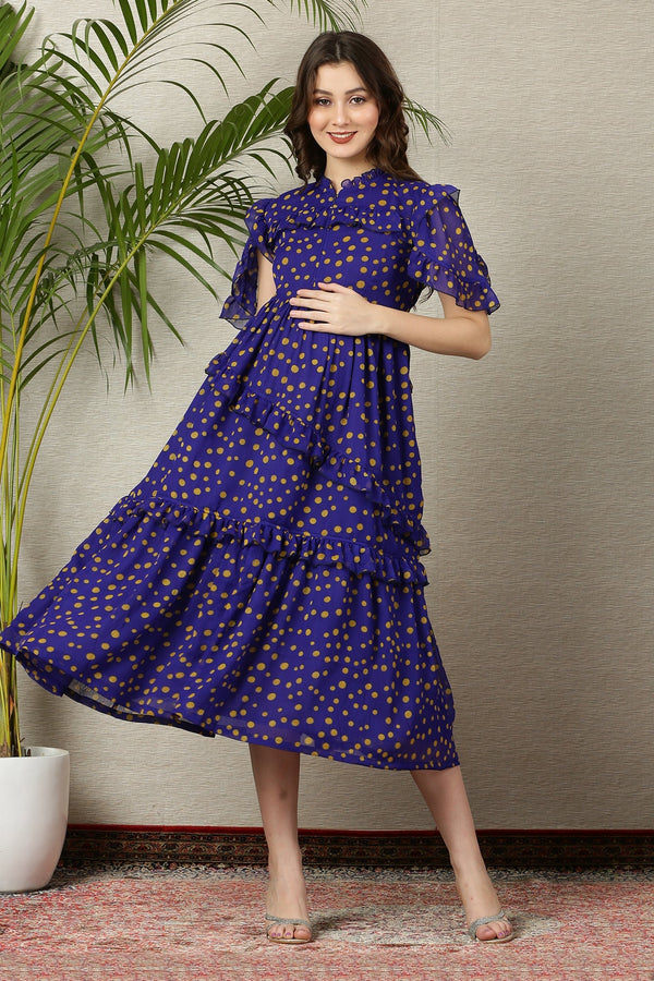 Cheery Polka Navy Blue Maternity & Nursing Frill Dress momzjoy.com