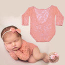 New Born Peachy Pink Lace Romper & Bow Set Photography Prop (3 Months) MOMZJOY.COM