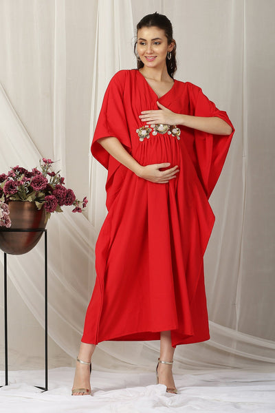 Scarlet Red Maternity Embroidered Kaftan momzjoy.com