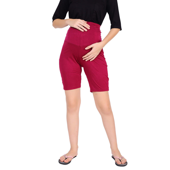 Soft Magenta Over Bump Stretchable Maternity Shorts momzjoy.com