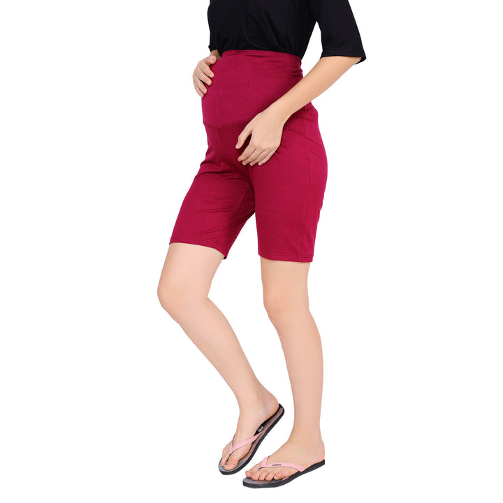 Soft Magenta Over Bump Stretchable Maternity Shorts momzjoy.com