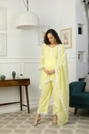 Premium Lemony Short Maternity & Nursing Kurta With Lace + Bump Band Bottom + Dupatta (3 Pc) momzjoy.com