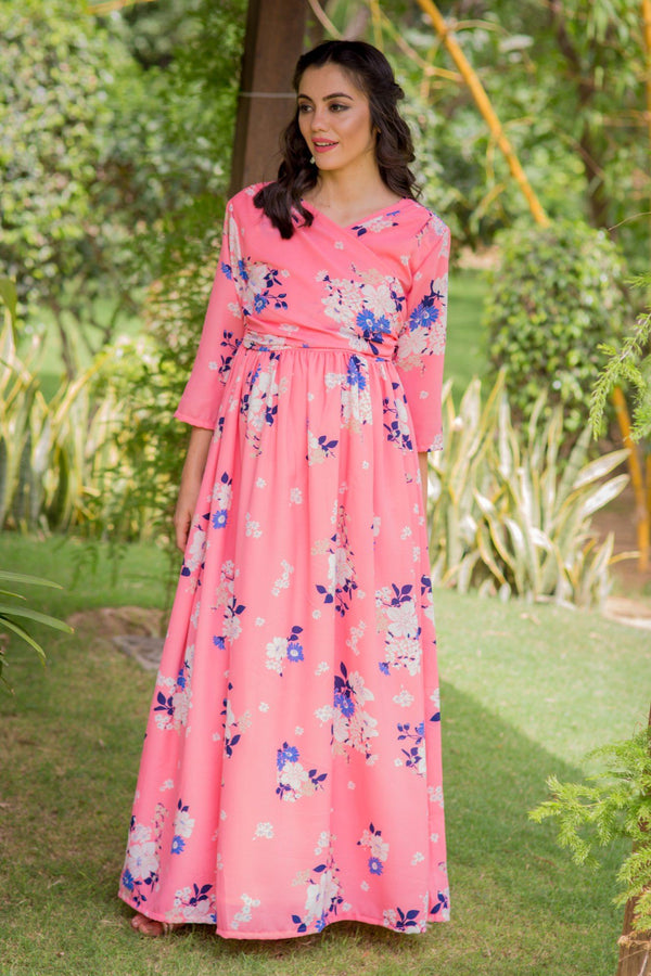 Plush Pink Floral Maternity & Nursing Crepe Wrap Dress momzjoy.com