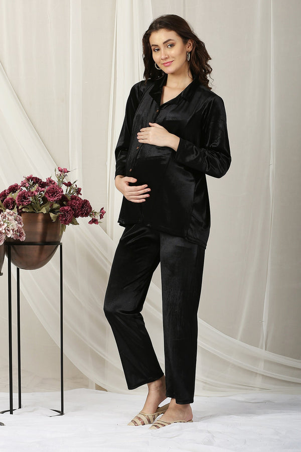Warm Black Maternity & Nursing Velvet Coord Set (Set Of 2) momzjoy.com