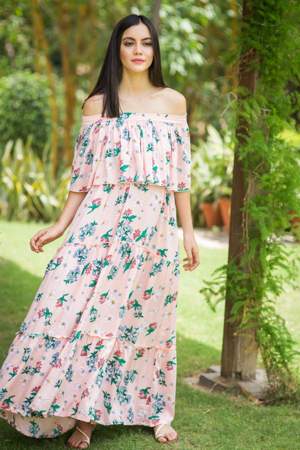 Rose Peach Off-Shoulder Maternity Maxi - MOMZJOY.COM