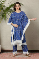 Premium Berry Blue Ikat Maternity & Nursing Kaftan Coord Set (100% Cotton) (2 Pc) momzjoy.com