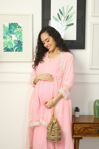 Luxe Baby Pink Peplum Maternity & Nursing Kurta + Bump Band Bottom + Dupatta (3 pc) momzjoy.com