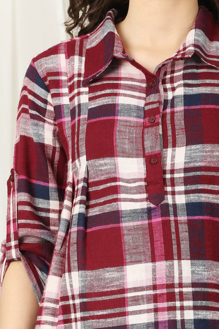 Flannel Checks Burgundy Maternity & Nursing Shirt Dress MOMZJOY.COM