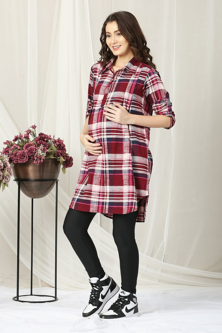 Flannel Checks Burgundy Maternity & Nursing Shirt Dress MOMZJOY.COM