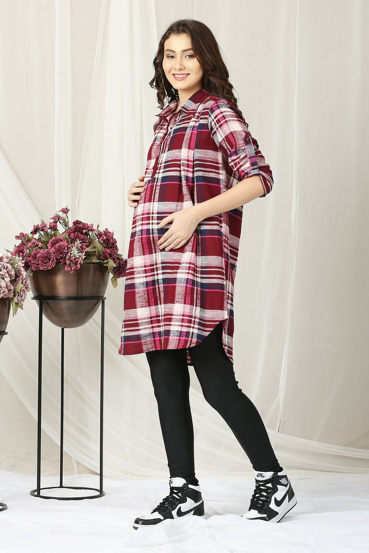 Flannel Checks Burgundy Maternity & Nursing Shirt Dress MOMZJOY.COM