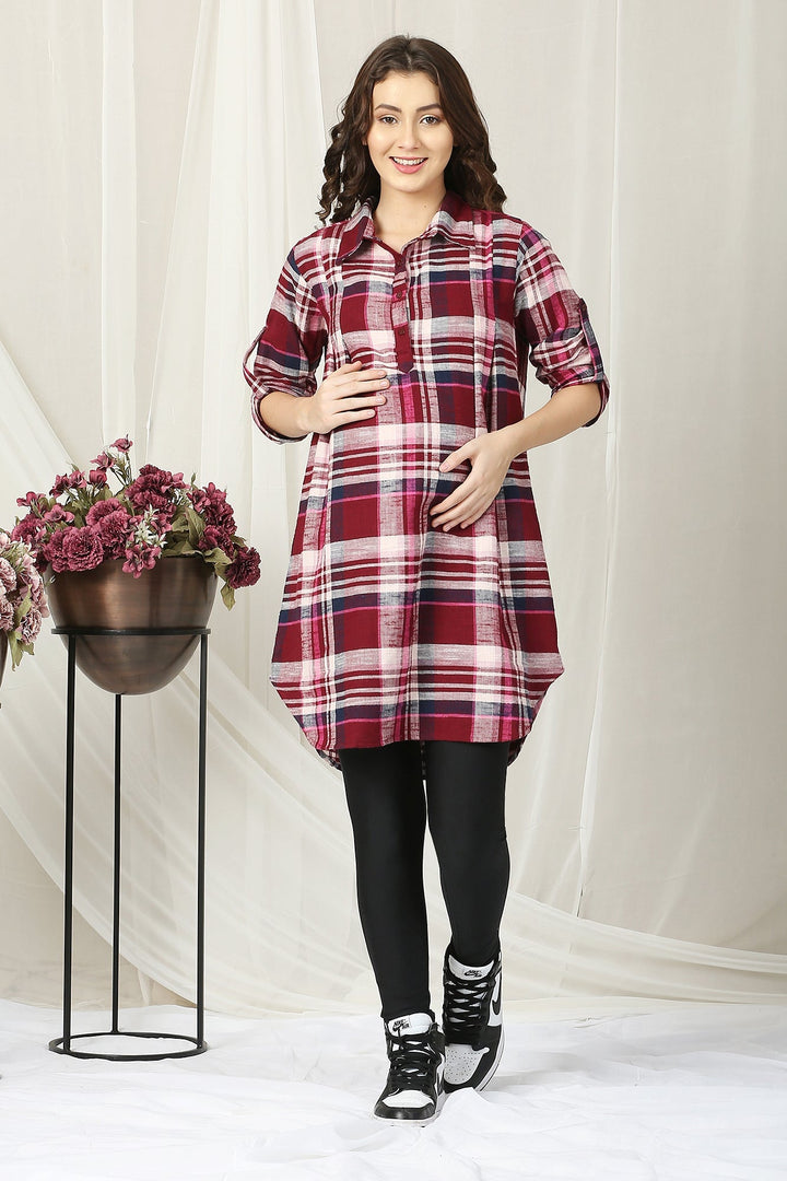 Flannel Checks Burgundy Maternity & Nursing Shirt Dress MOMZJOY.COM