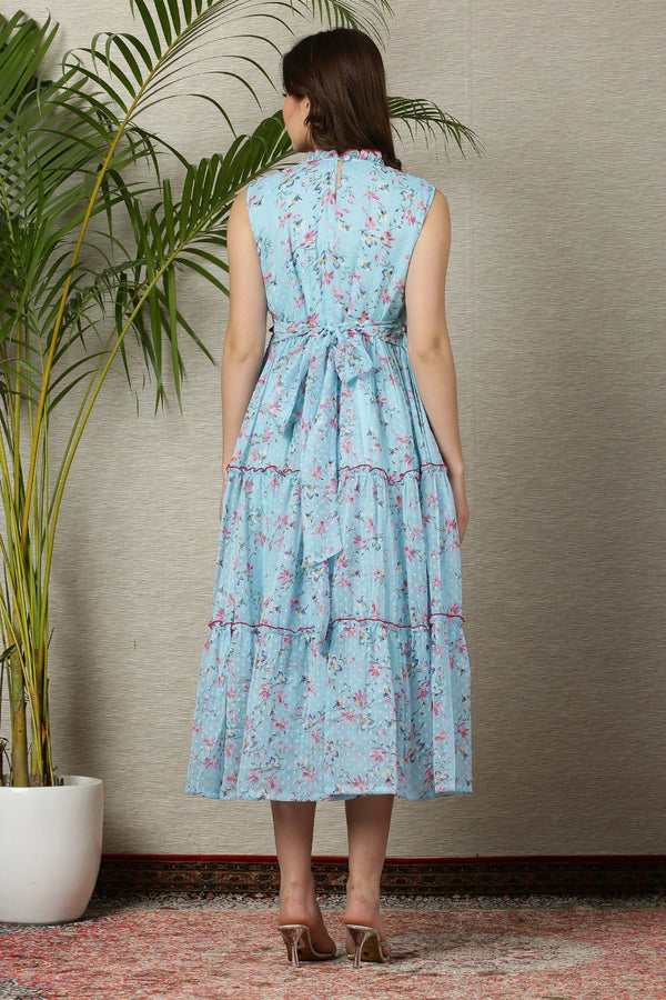 Pretty Ice Blue Floral Maternity & Nursing Concealed Zips Frill Dress momzjoy.com