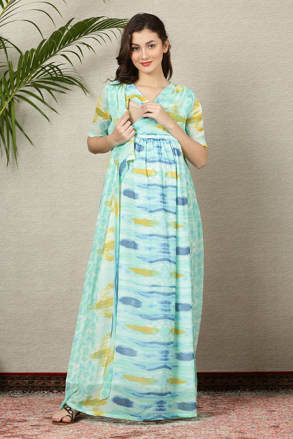 Pretty Aqua Green Maternity & Nursing Wrap Dress momzjoy.com