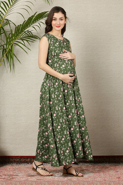 Olive Green Bloom Maternity & Nursing  Front Zip Dress momzjoy.com