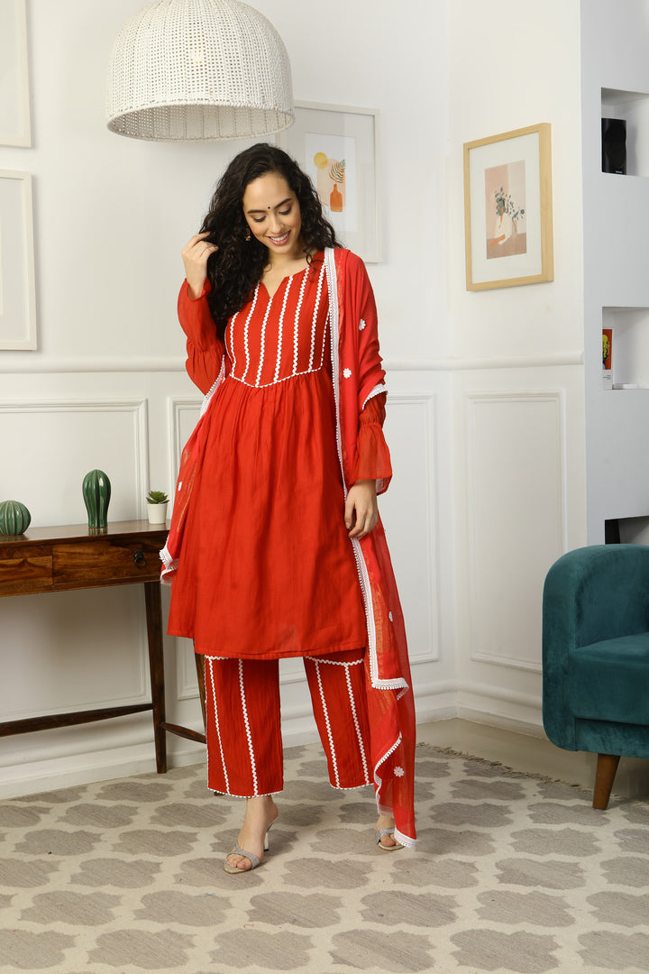 Enduring Mulmul Crimson Maternity Kurta + Bump Band Bottom + Dupatta (3 Pc) momzjoy.com