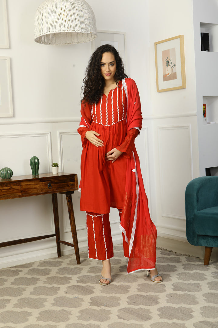 Enduring Mulmul Crimson Maternity Kurta + Bump Band Bottom + Dupatta (3 Pc) momzjoy.com