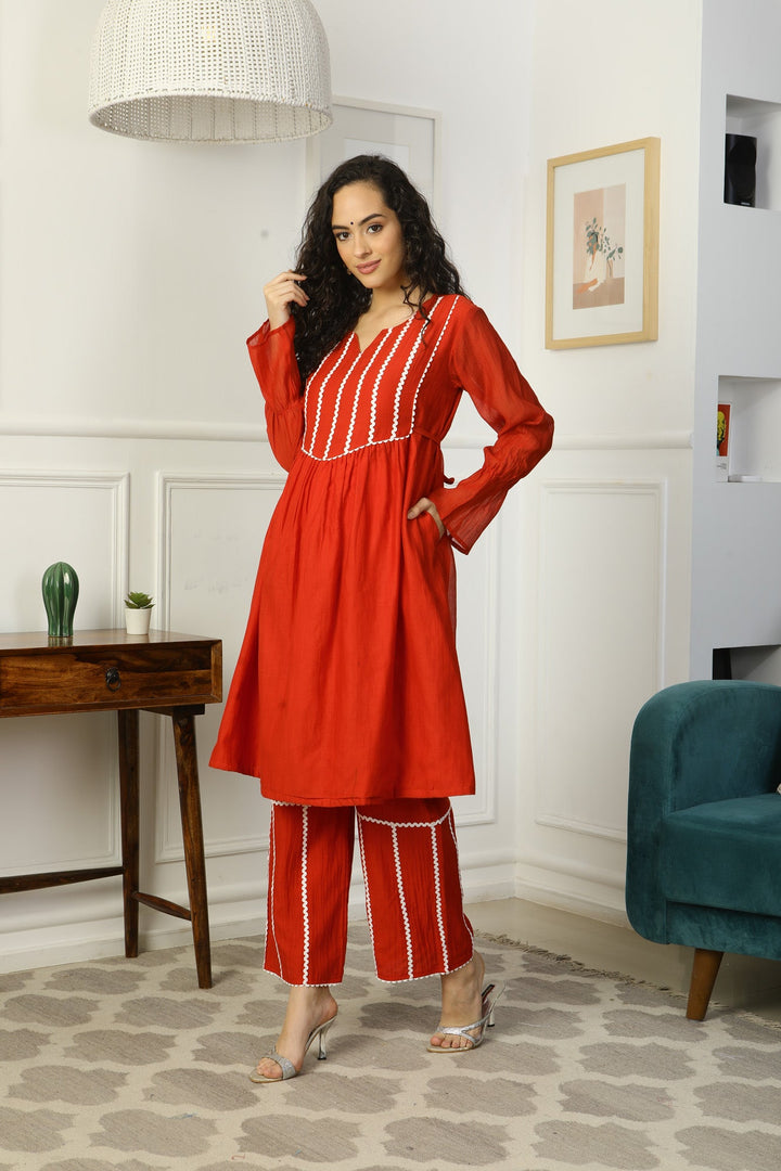 Enduring Mulmul Crimson Maternity Kurta + Bump Band Bottom + Dupatta (3 Pc) momzjoy.com