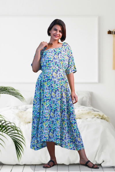Ivory Floral Maternity & Nursing Dress / Delivery Gown/ Night Dress + Matching Swaddle Set Of 2 MOMZJOY.COM