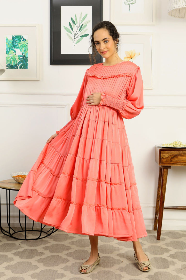 Premium Satin Peachy Formal Maternity & Nursing Pintucks Frill Dress momzjoy.com