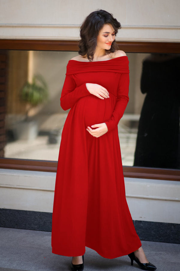 Classic Red Cowl Neck Off-shoulder Lycra Maternity Maxi Dress momzjoy.com