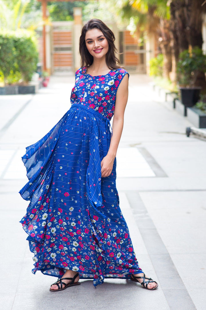 Celeste Blue Floral Luxe Maternity & Nursing Dress - MOMZJOY.COM