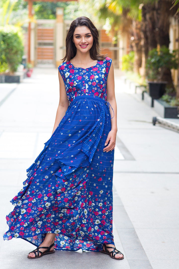 Celeste Blue Floral Luxe Maternity & Nursing Dress - MOMZJOY.COM