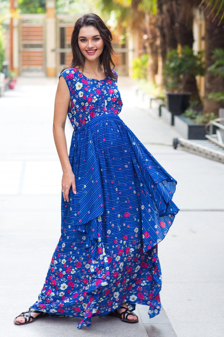 Celeste Blue Floral Luxe Maternity & Nursing Dress - MOMZJOY.COM